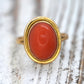 18k Large Oval Orange CORAL ring. 18k Coral Cabochon bezel set statement ring