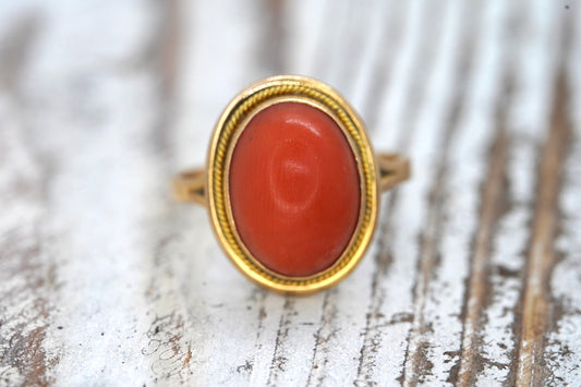 18k Large Oval Orange CORAL ring. 18k Coral Cabochon bezel set statement ring