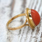 18k Large Oval Orange CORAL ring. 18k Coral Cabochon bezel set statement ring