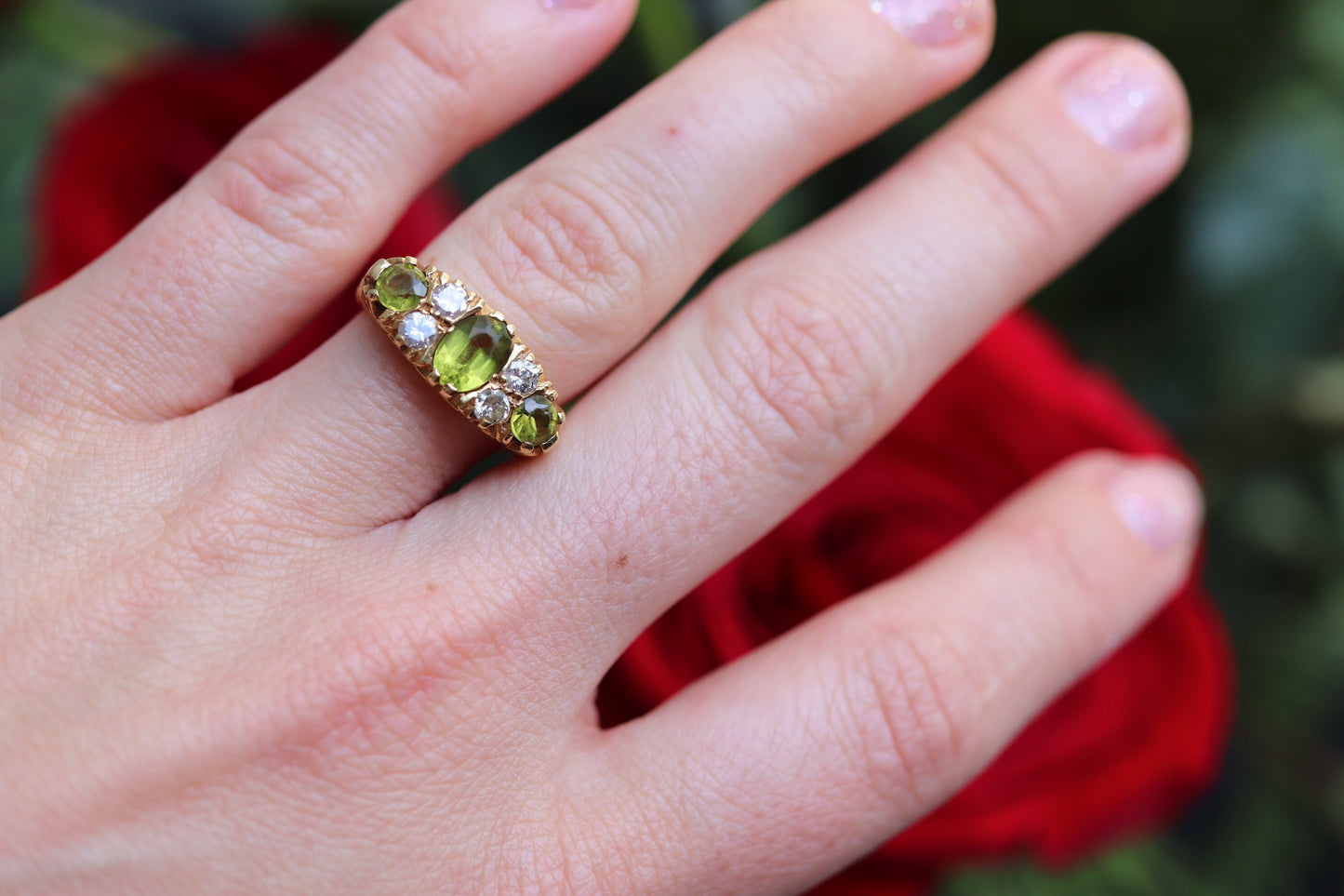 18k Large Peridot and Diamond Ring. Made in UK 1976. 6.4grams with 0.40ctw in diamonds