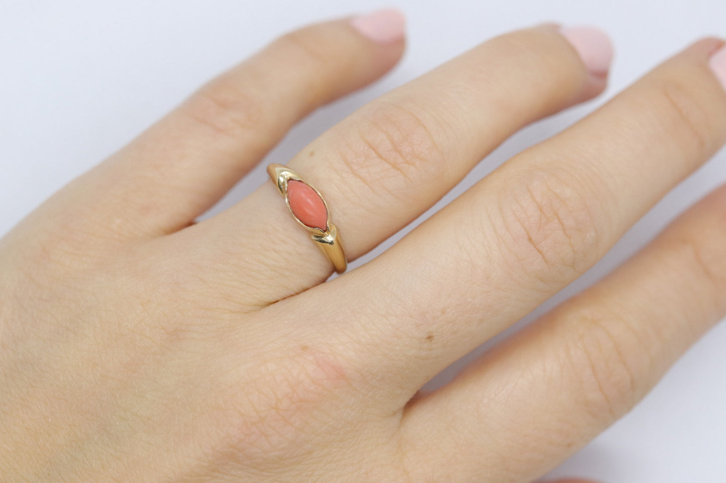 14k Coral Pink Cabochon ring. Thin Peach coral band.