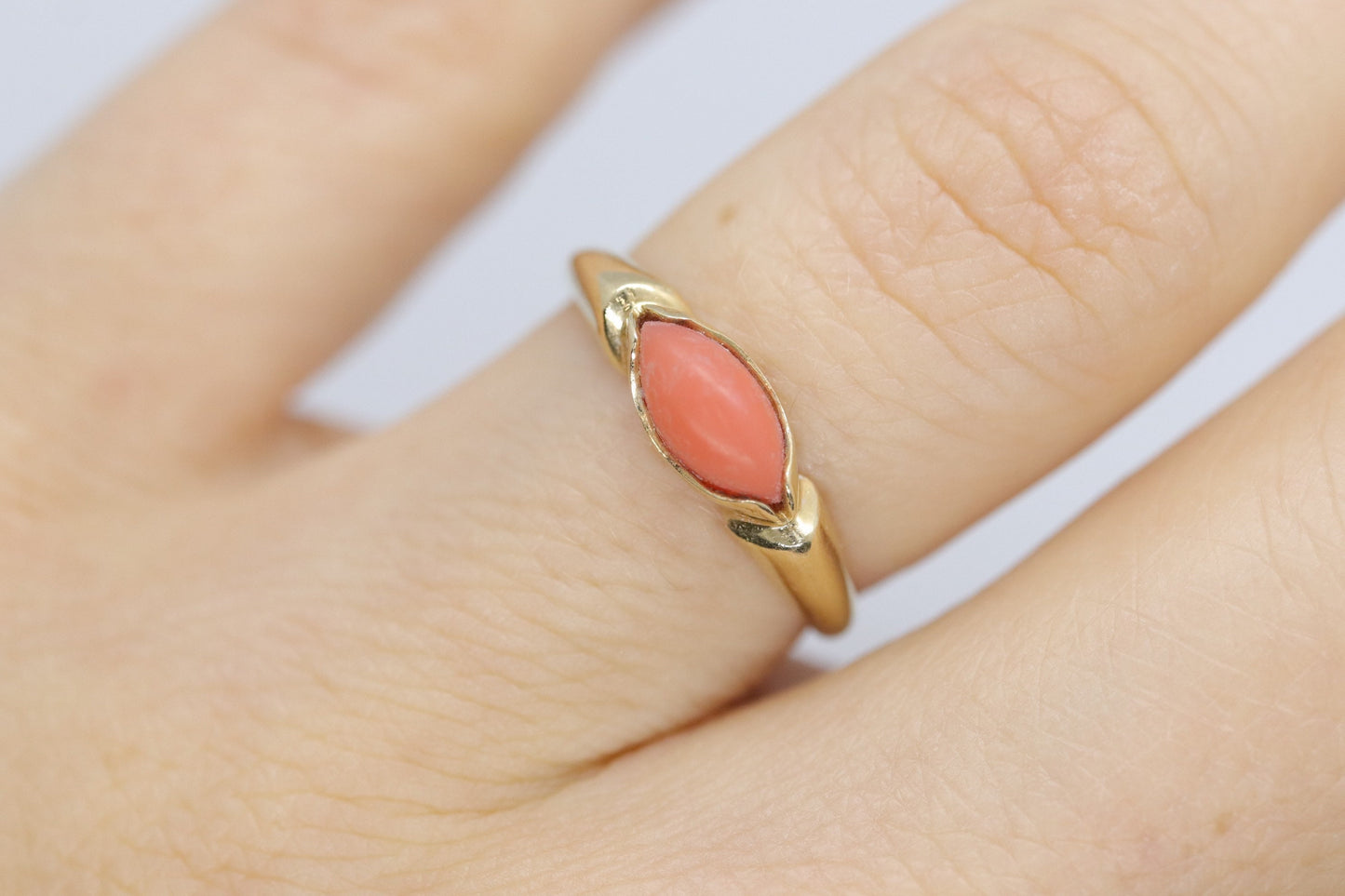 14k Coral Pink Cabochon ring. Thin Peach coral band.