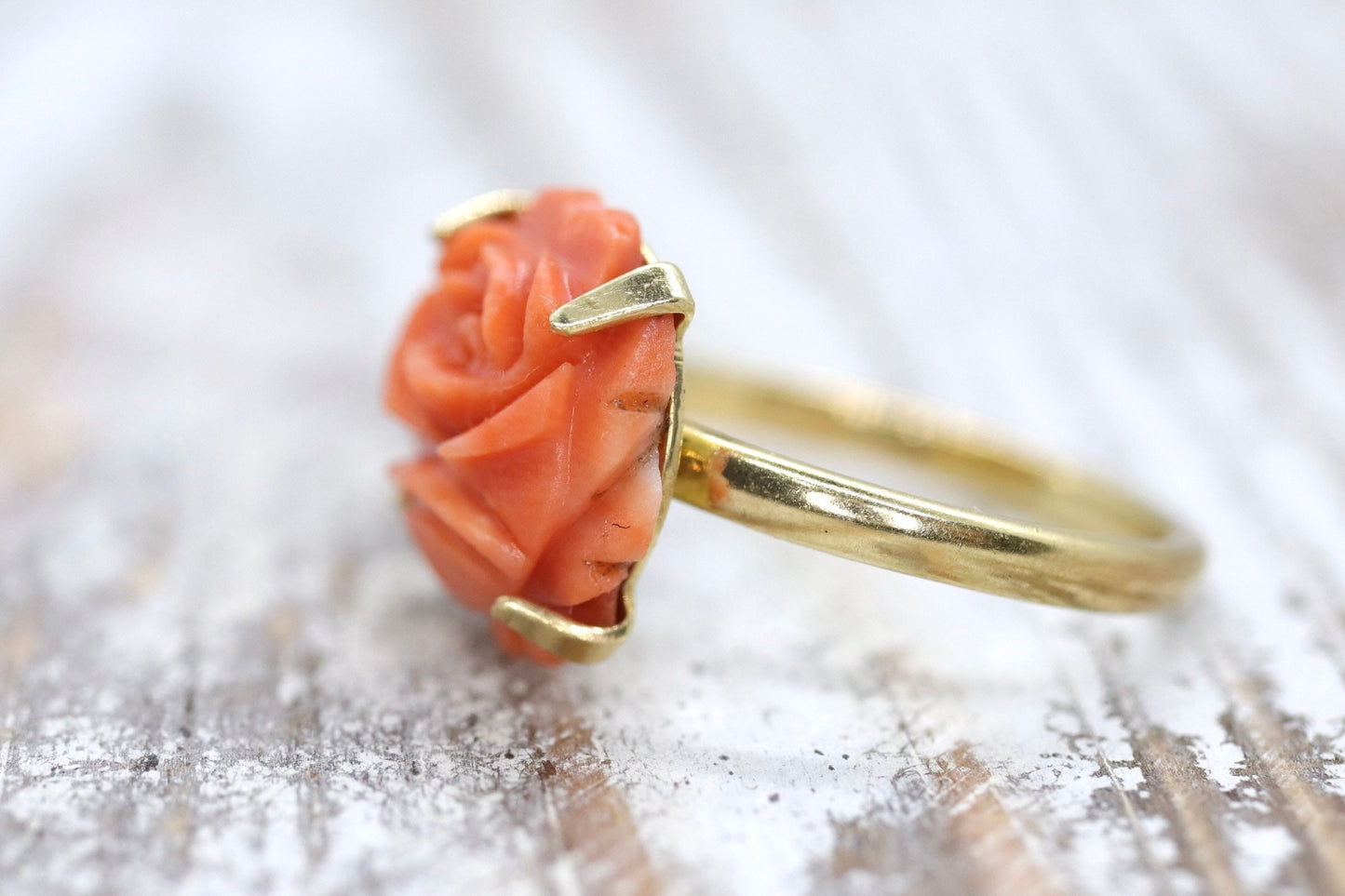 14k Coral Carved Pink Cabochon ring. 14k CARVED Rose flower Peach Coral solitaire.