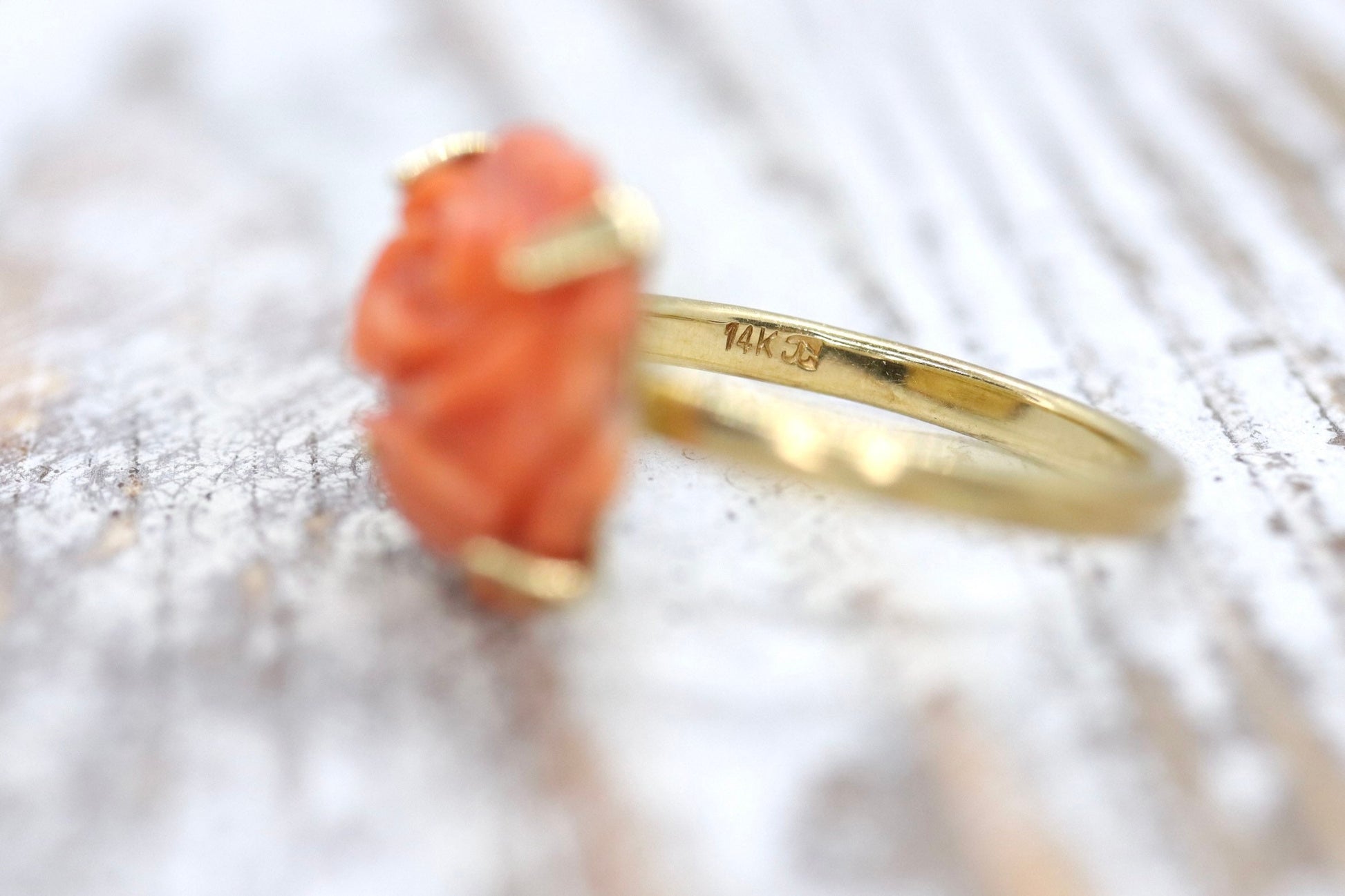 14k Coral Carved Pink Cabochon ring. 14k CARVED Rose flower Peach Coral solitaire.