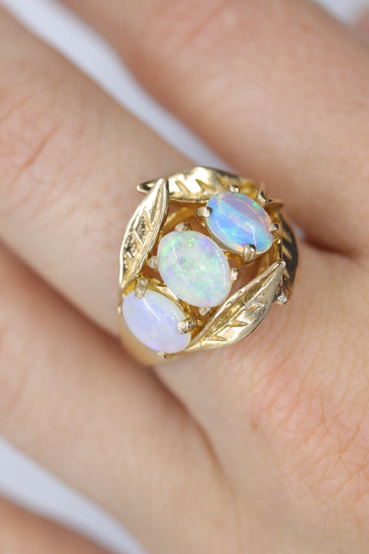 14k Opal Trio ring. Triple OPAL Crystal and Filigree leaves statement ring.