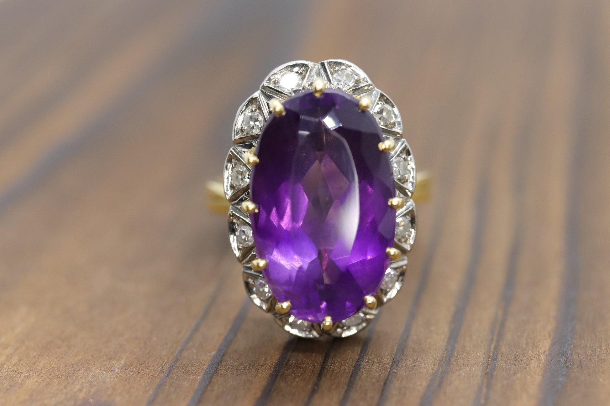 Vintage 1940s Large Amethyst and Diamond Handmade 18k Yellow White Gold Ring sz 6.5, Engagement ring, cocktail ring, February Amethyst