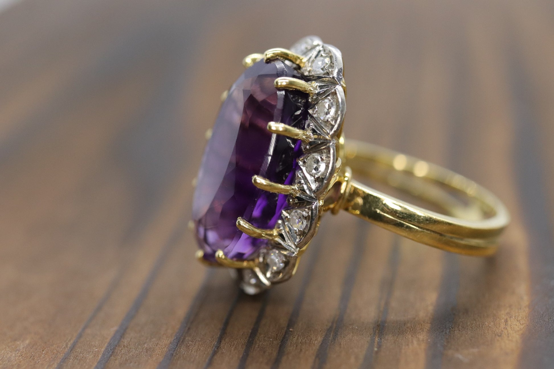 Vintage 1940s Large Amethyst and Diamond Handmade 18k Yellow White Gold Ring sz 6.5, Engagement ring, cocktail ring, February Amethyst