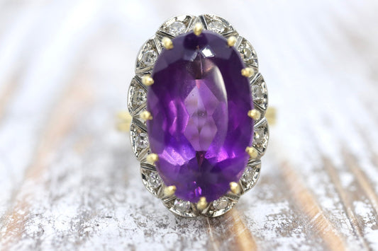 Vintage 1940s Large Amethyst and Diamond Handmade 18k Yellow White Gold Ring sz 6.5, Engagement ring, cocktail ring, February Amethyst