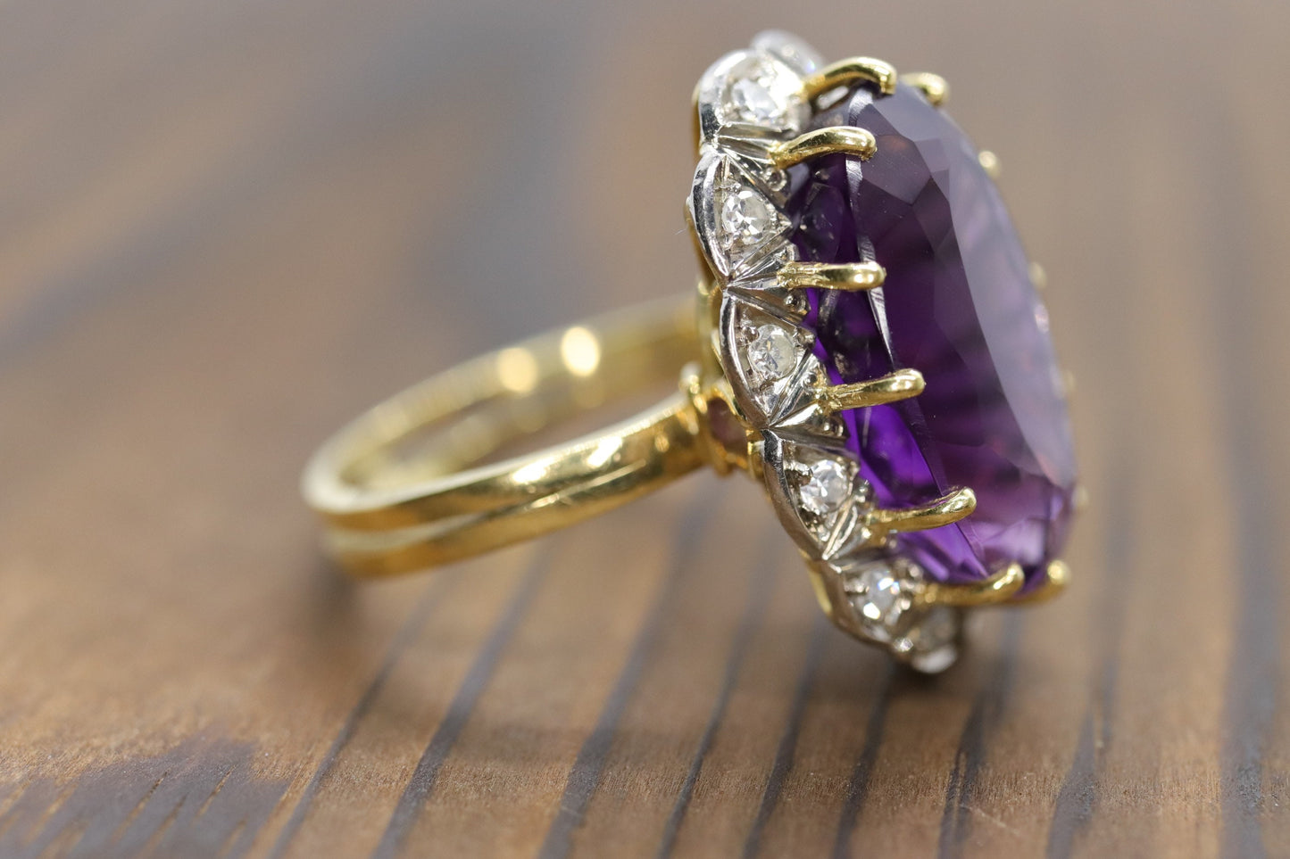 Vintage 1940s Large Amethyst and Diamond Handmade 18k Yellow White Gold Ring sz 6.5, Engagement ring, cocktail ring, February Amethyst