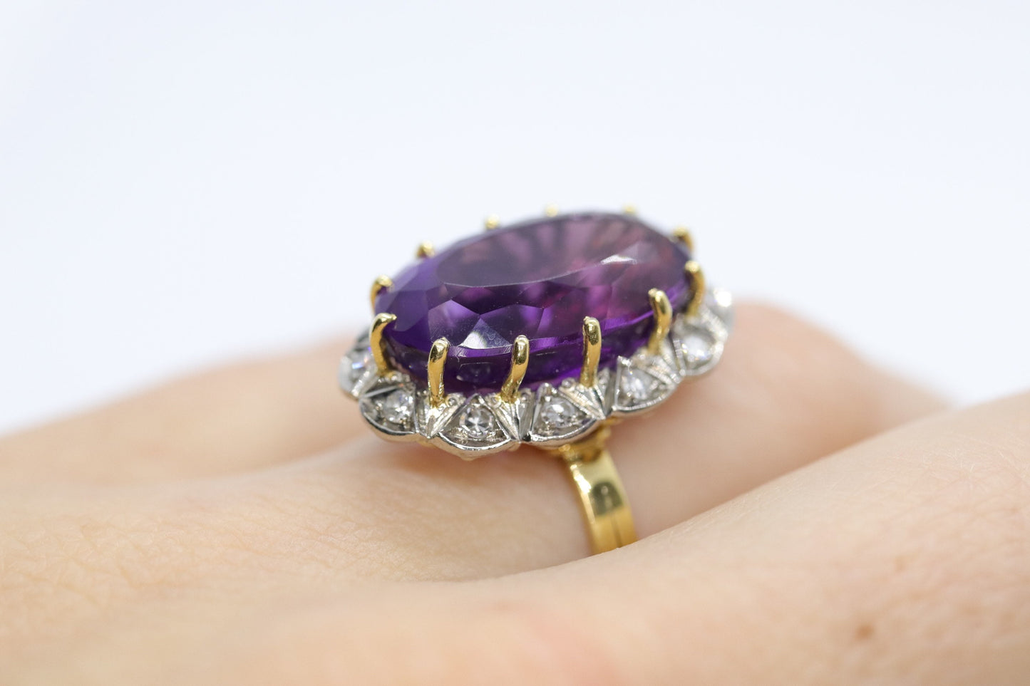 Vintage 1940s Large Amethyst and Diamond Handmade 18k Yellow White Gold Ring sz 6.5, Engagement ring, cocktail ring, February Amethyst