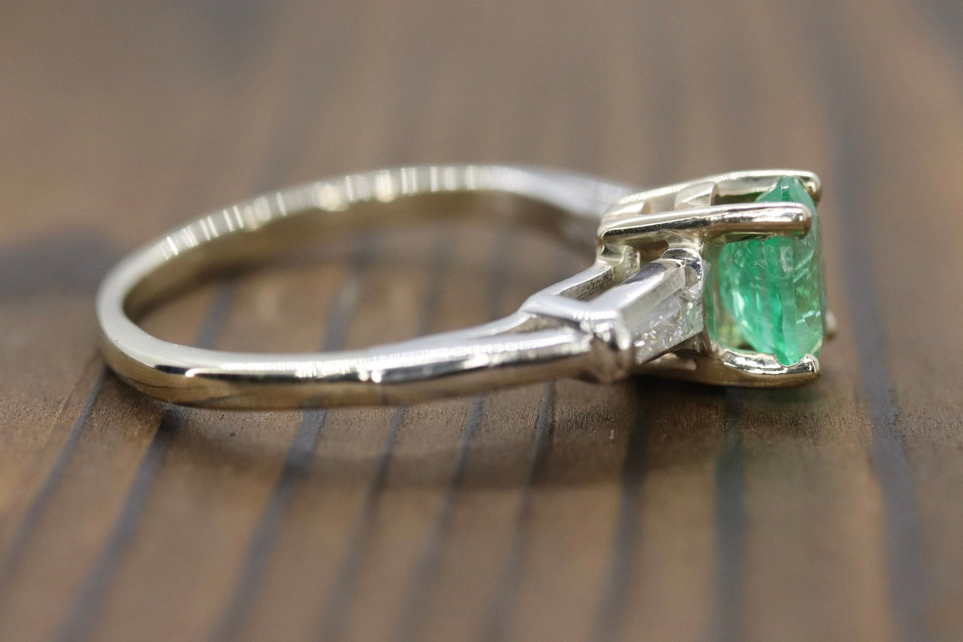 14k Oval Emerald and Baguette diamond ring. 14k white gold Green Emerald solitaire.