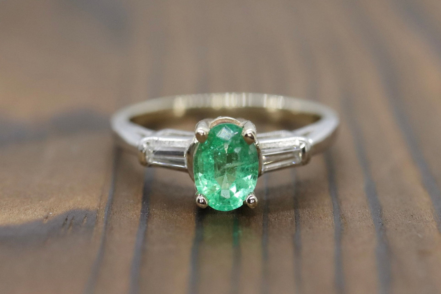 14k Oval Emerald and Baguette diamond ring. 14k white gold Green Emerald solitaire.