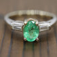 14k Oval Emerald and Baguette diamond ring. 14k white gold Green Emerald solitaire.