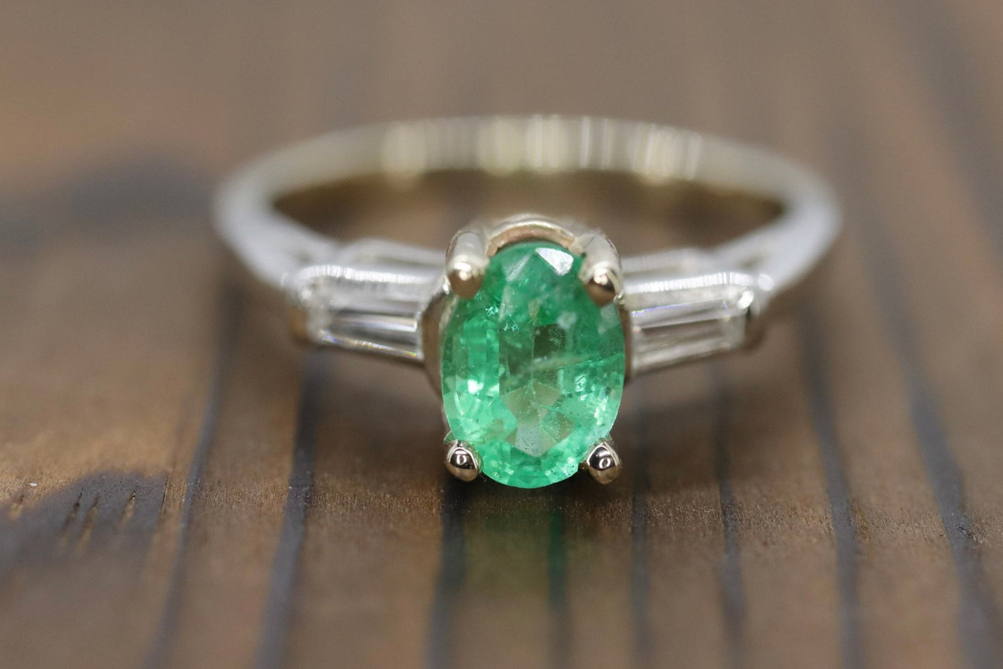 14k Oval Emerald and Baguette diamond ring. 14k white gold Green Emerald solitaire.