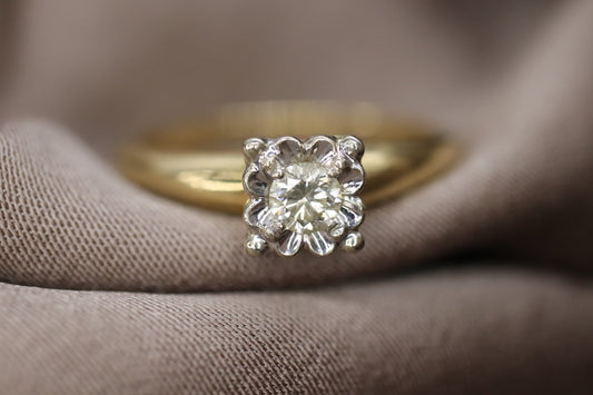 Art Deco Diamond ring. 14k Yellow and White Gold Square table.