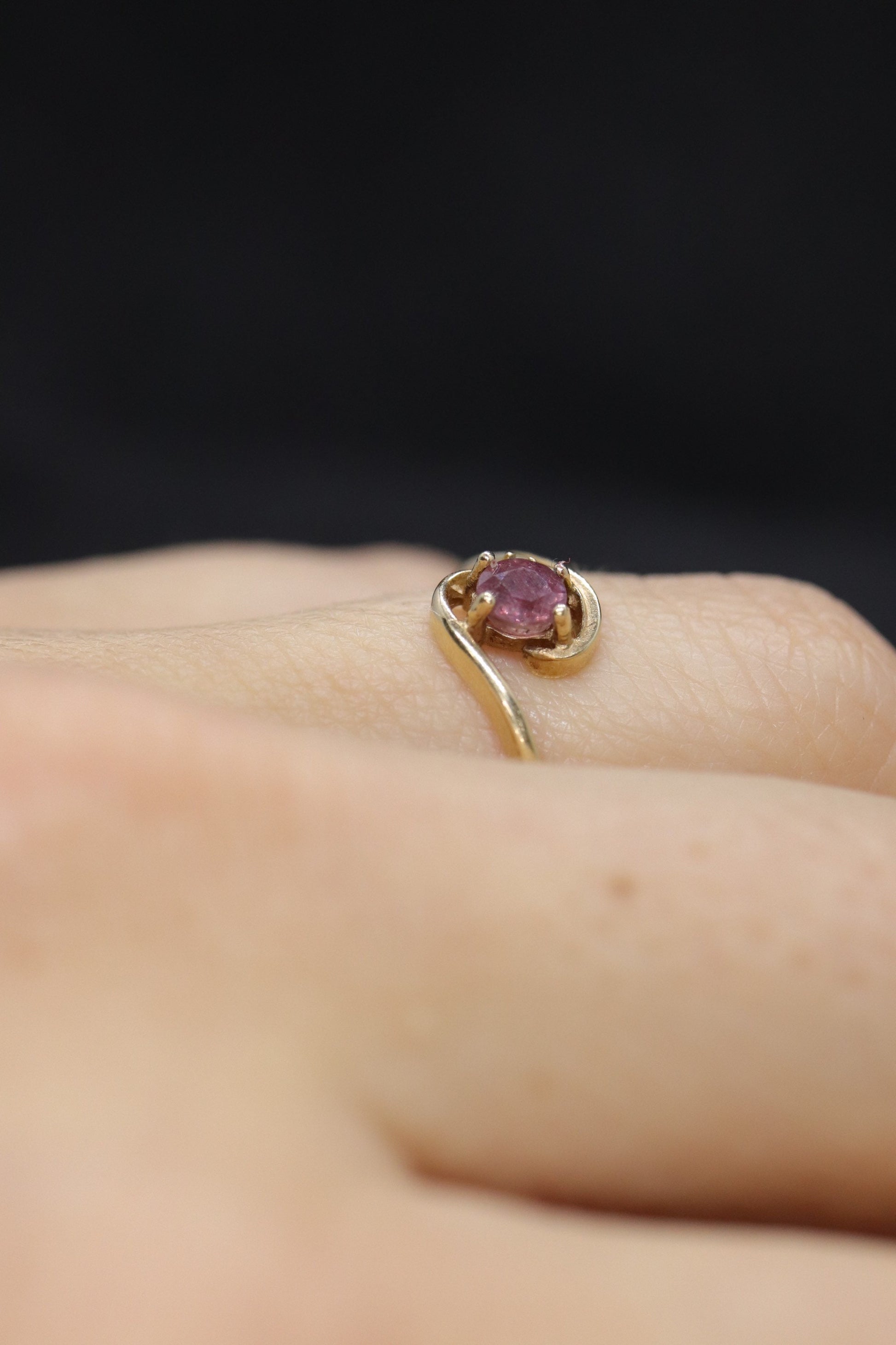 Dainty Ruby Ring. 10k round Ruby and Diamond Bypass ring