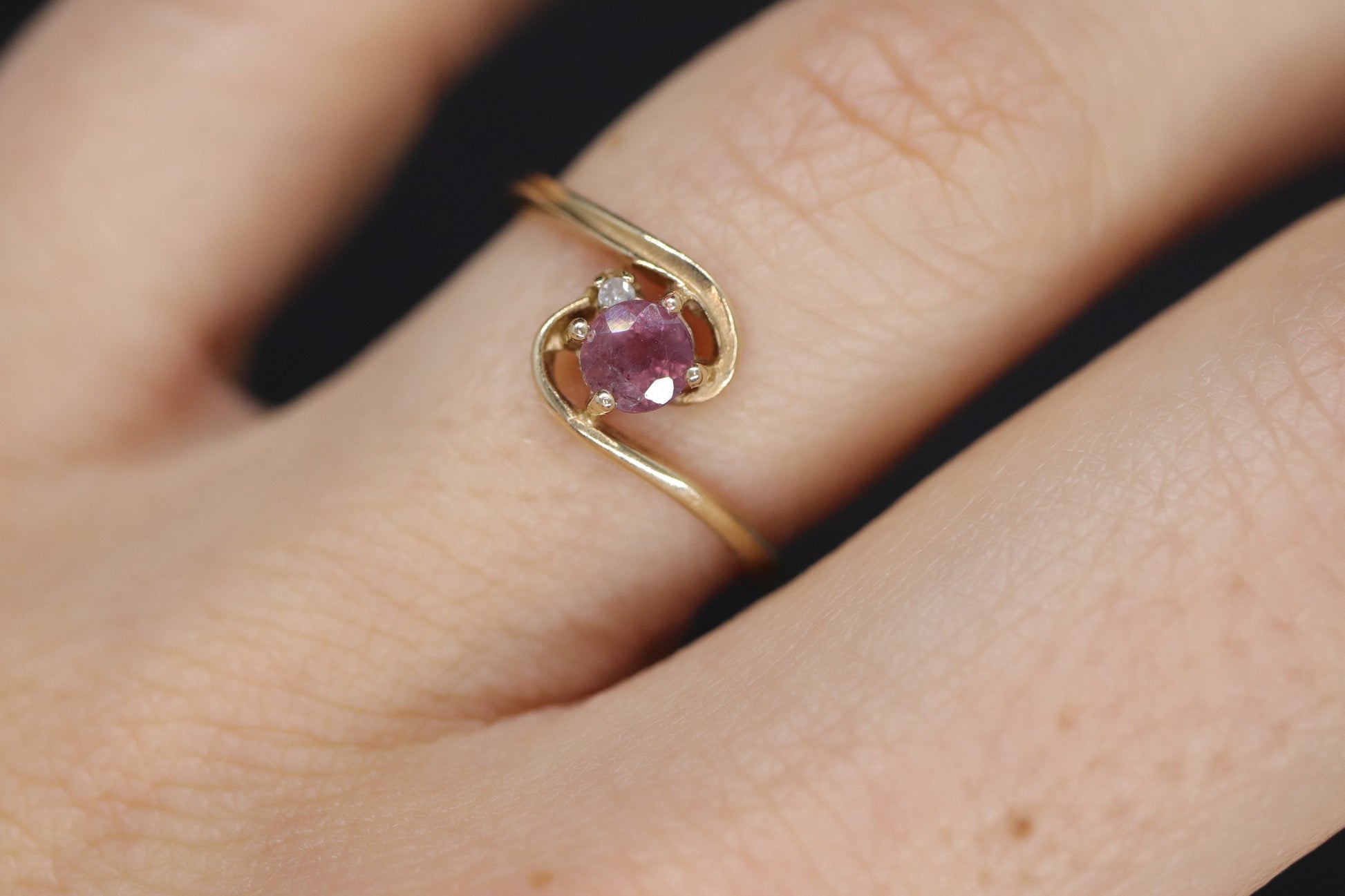 Dainty Ruby Ring. 10k round Ruby and Diamond Bypass ring