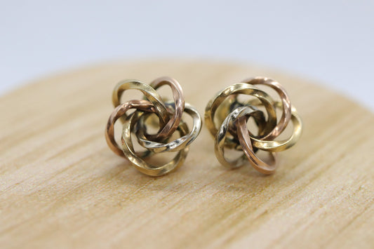 14k LOVE knot earring. Tricolor KNOT knotted gold earrings.