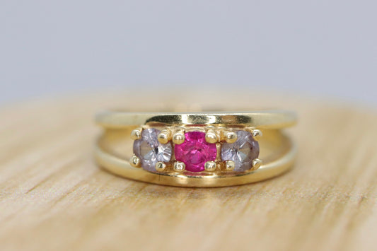 10k Yellow Gold  3 gemstone band. Ruby and Topaz band