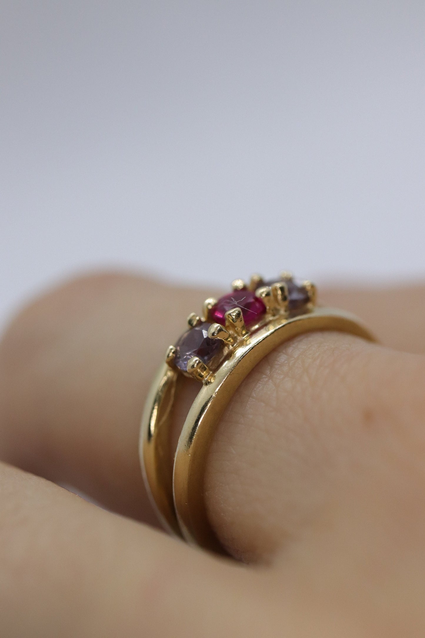 10k Yellow Gold  3 gemstone band. Ruby and Topaz band