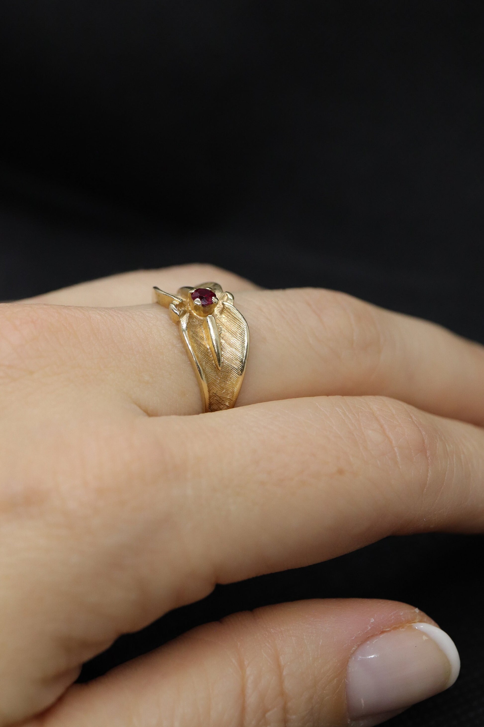 14k Ruby Ring. 14k round Ruby textured wide band