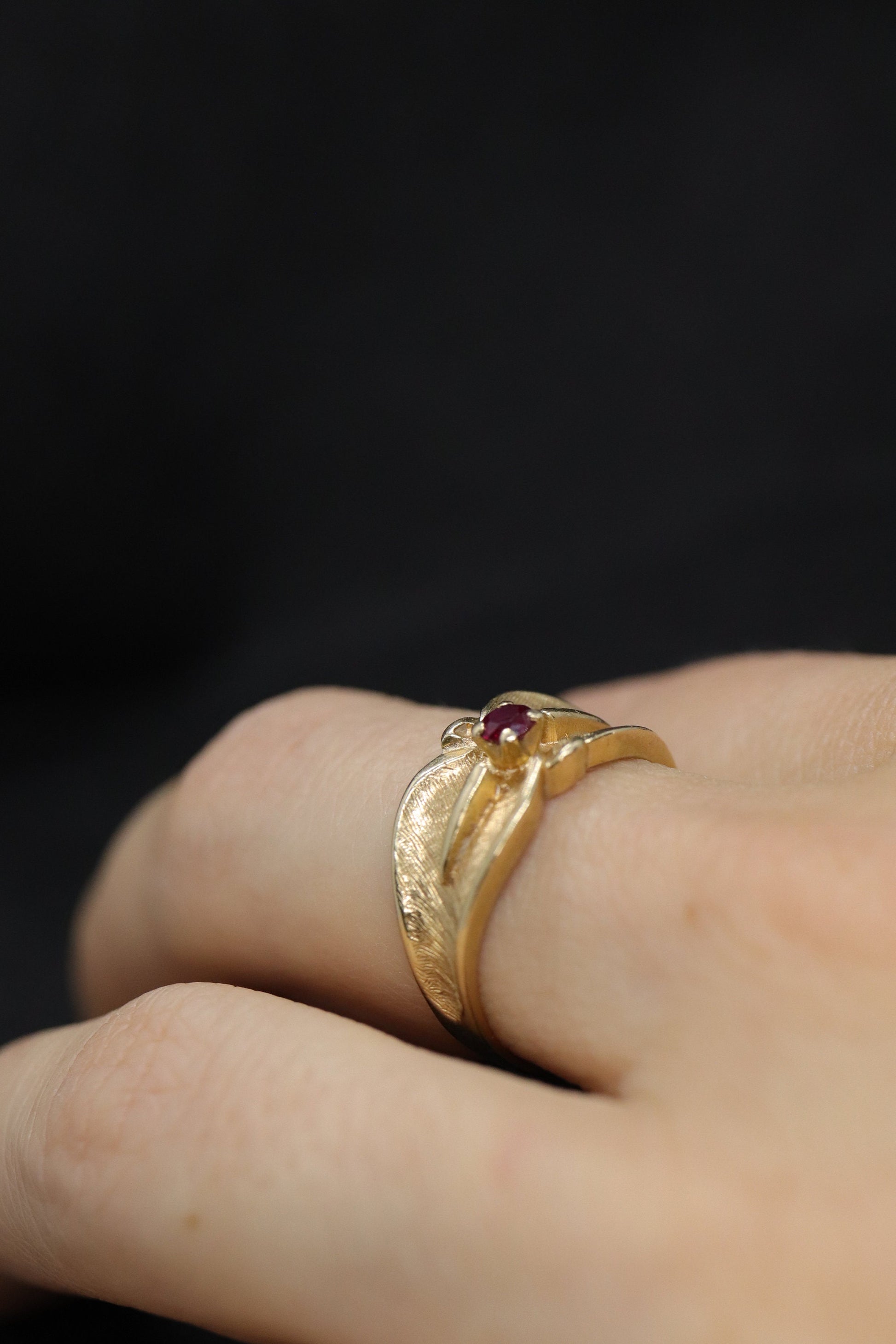 14k Ruby Ring. 14k round Ruby textured wide band