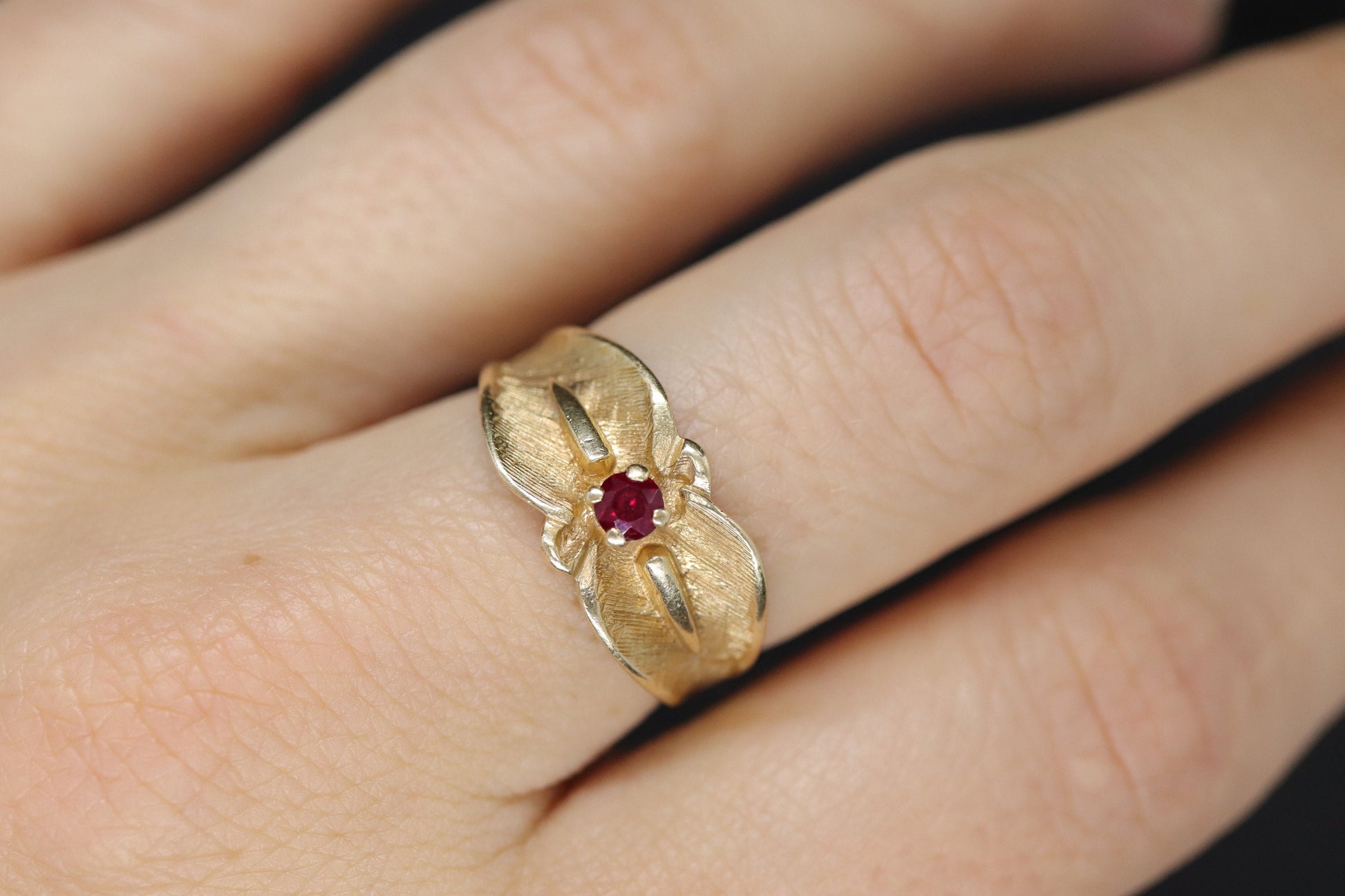 14k Ruby Ring. 14k round Ruby textured wide band