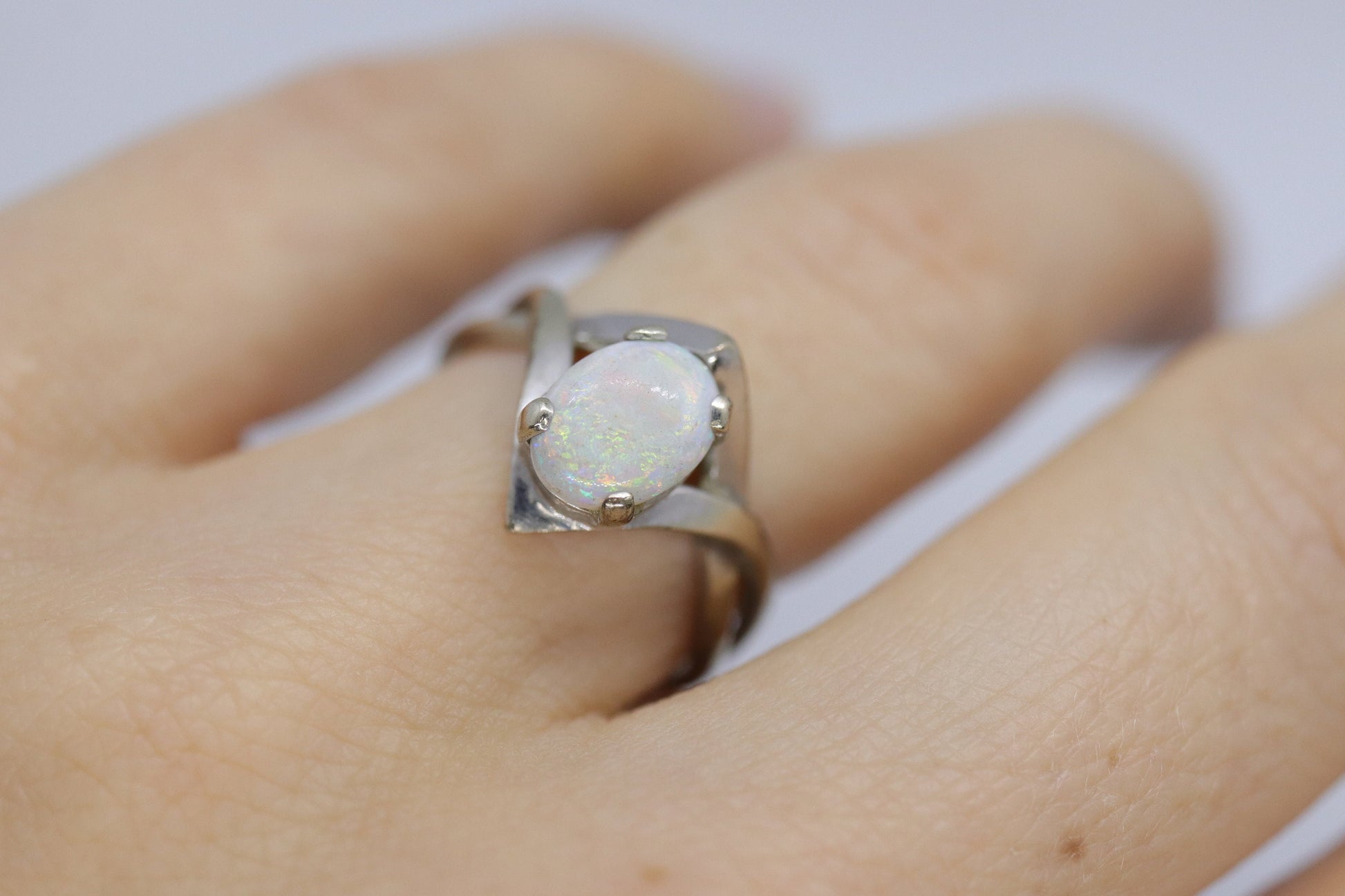 14k Large Opal Solitaire Claw set ring. Opal Bypass solitaire band.