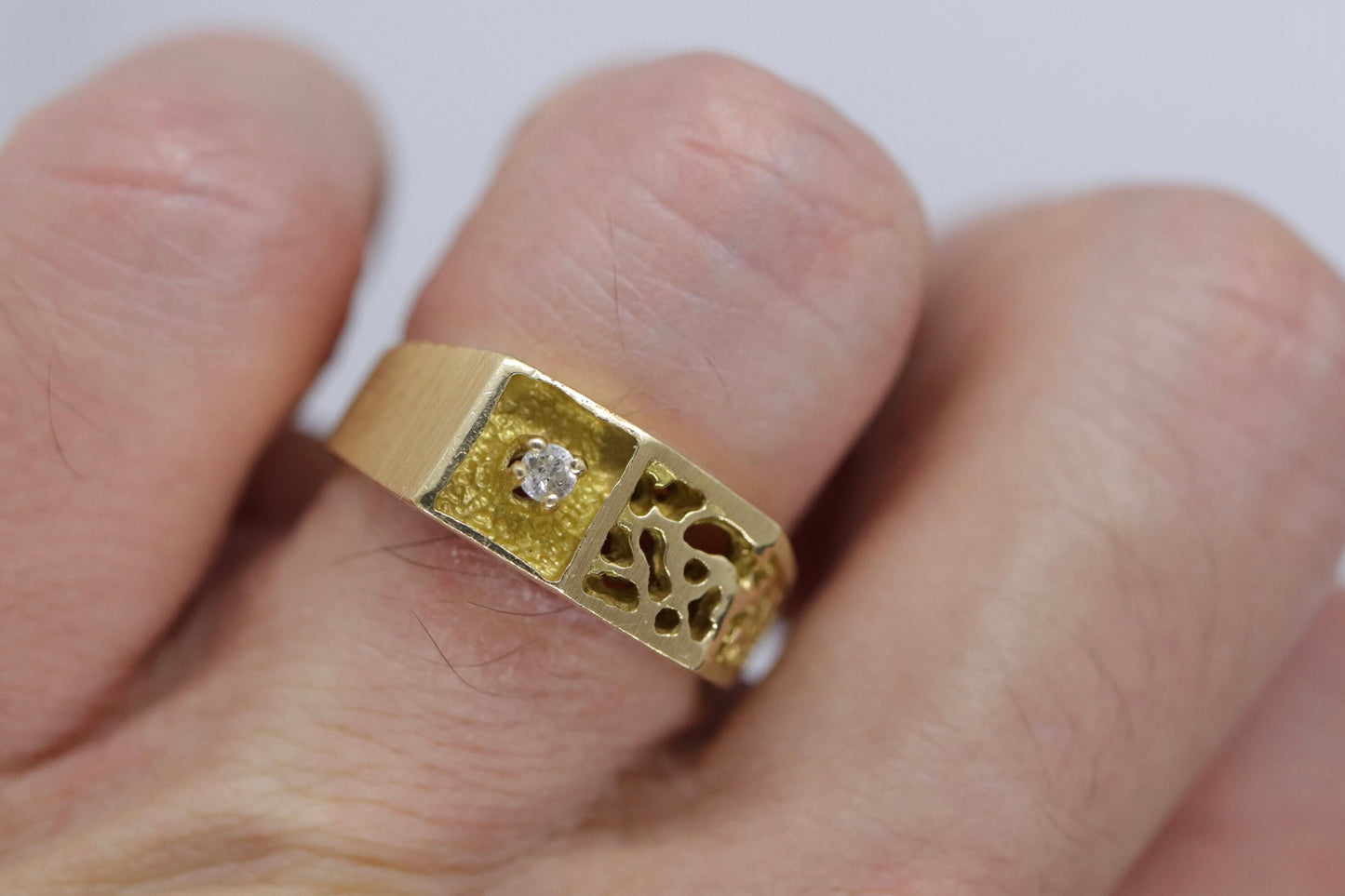 14k Mens Diamond Solitaire ring. Heavy Diamond prong set into gold nugget filigree band.