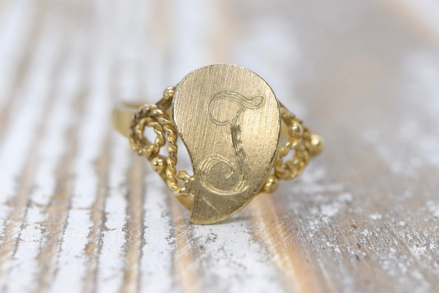 Signet Ring with letter I or J. 14k Yellow gold with Half Heart. Engraved letter I or J