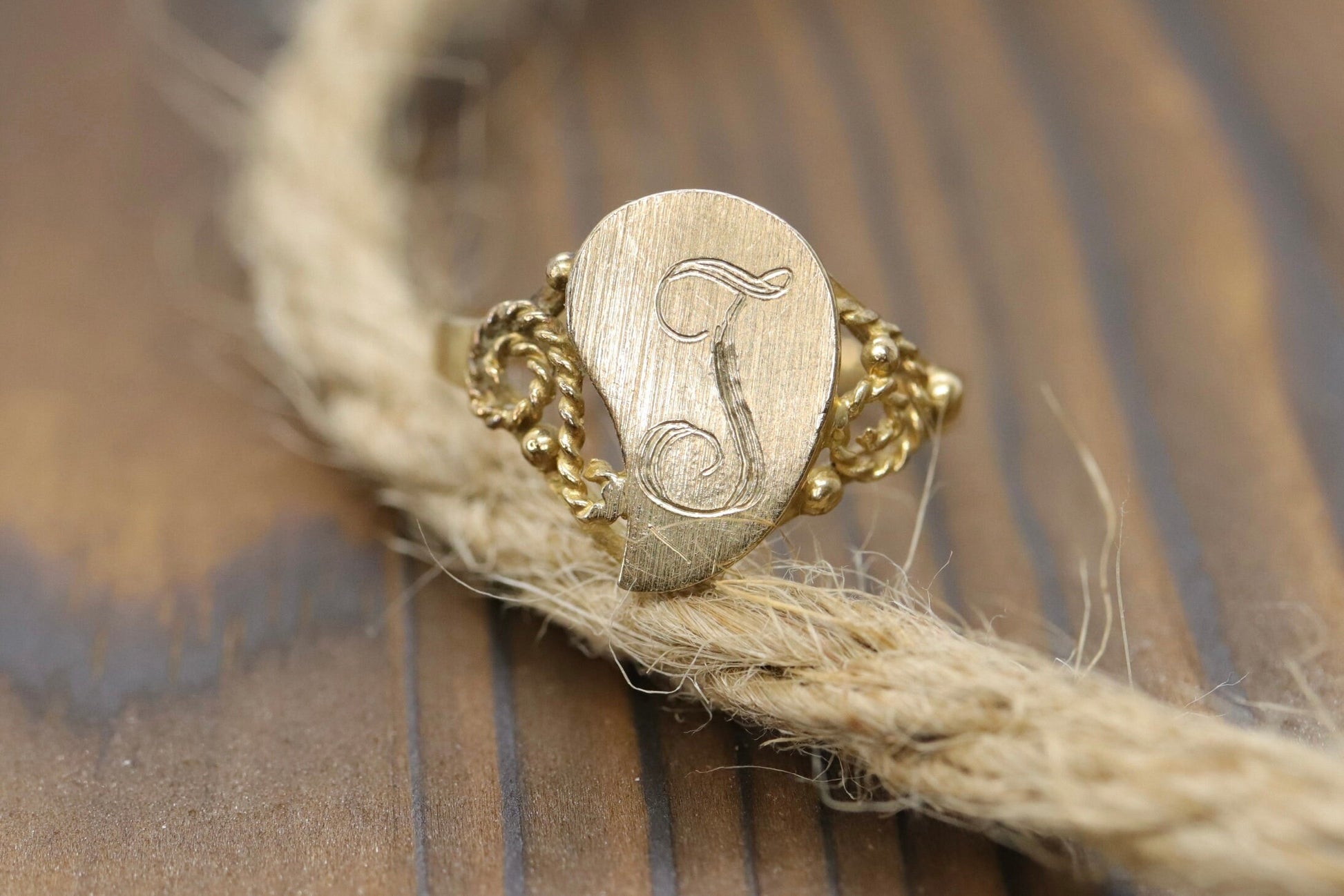 Signet Ring with letter I or J. 14k Yellow gold with Half Heart. Engraved letter I or J