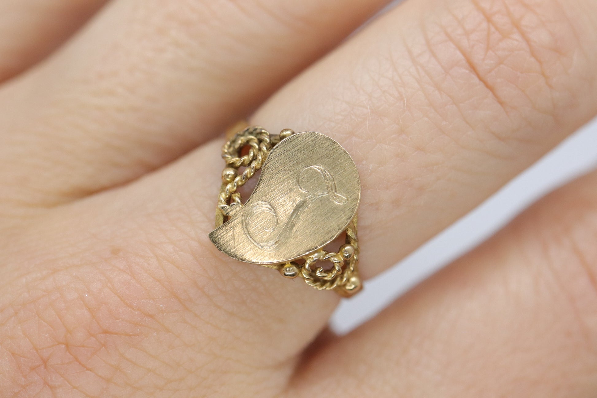 Signet Ring with letter I or J. 14k Yellow gold with Half Heart. Engraved letter I or J