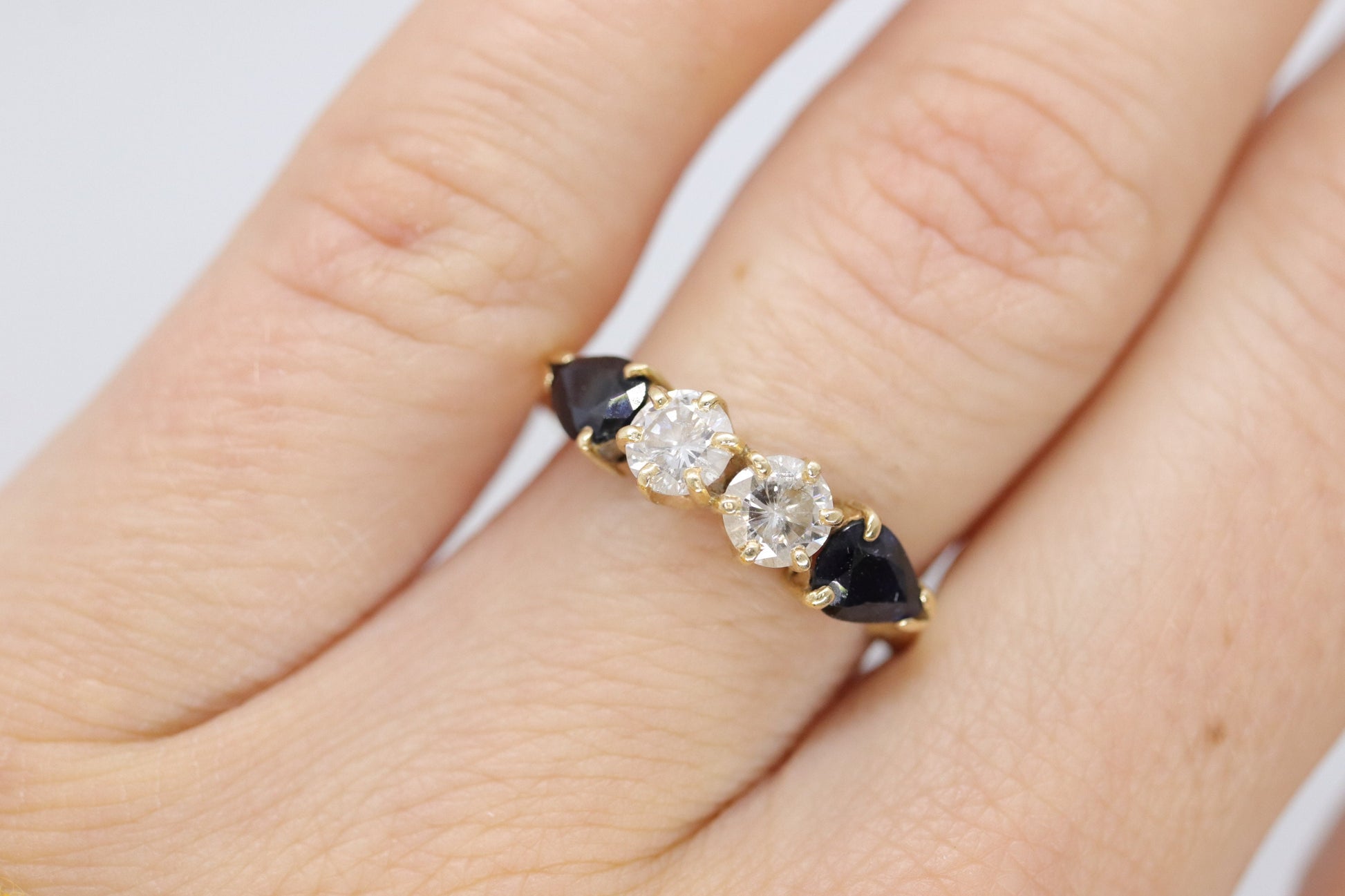 Stunning 14k 1/2ctw Diamond with pear sapphires ring. 14k Diamond and sapphire band.