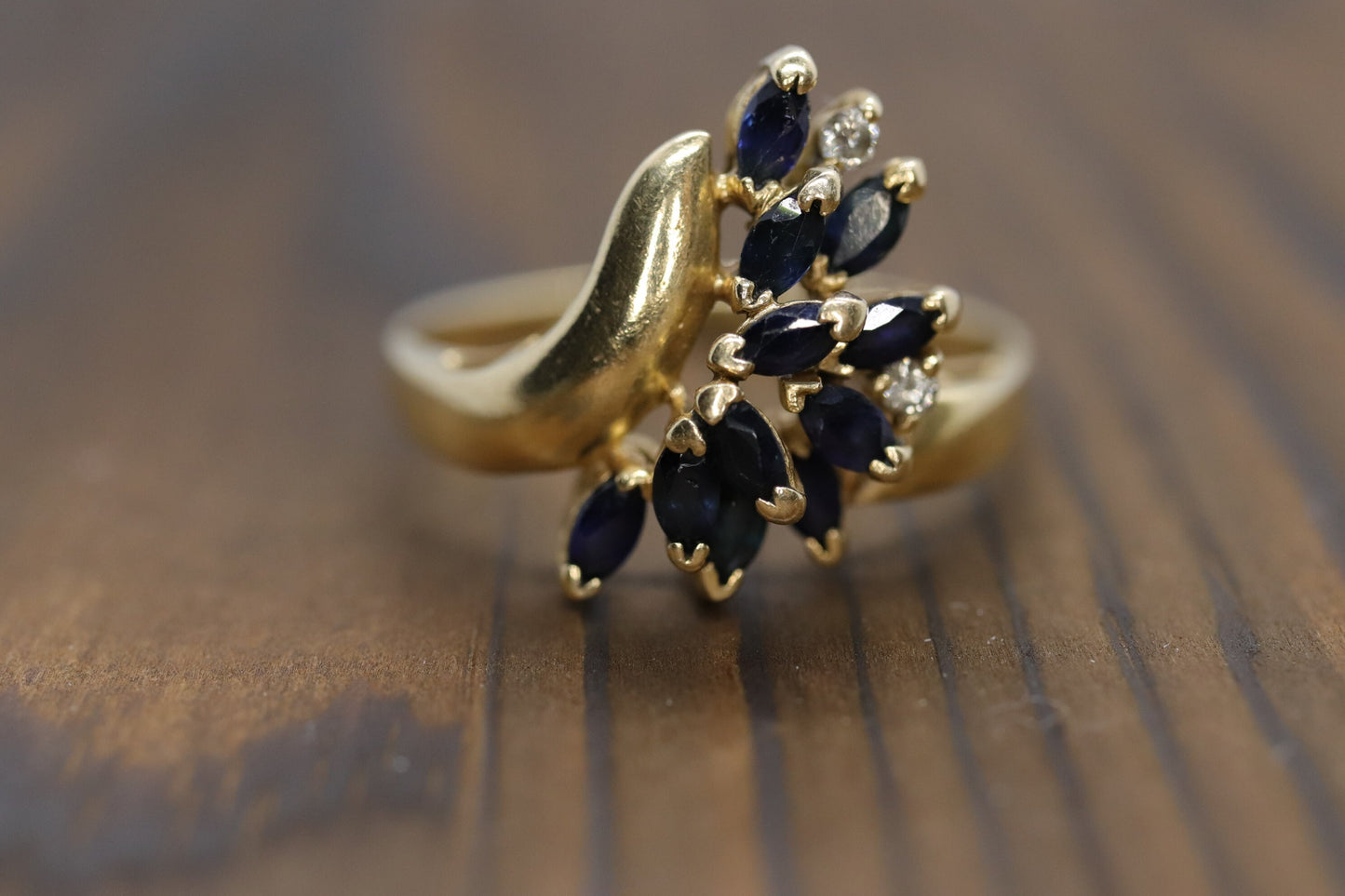 14k Sapphire Diamond Bypass ring. 14k Marquise Sapphire Flower Branch Vine cluster ring