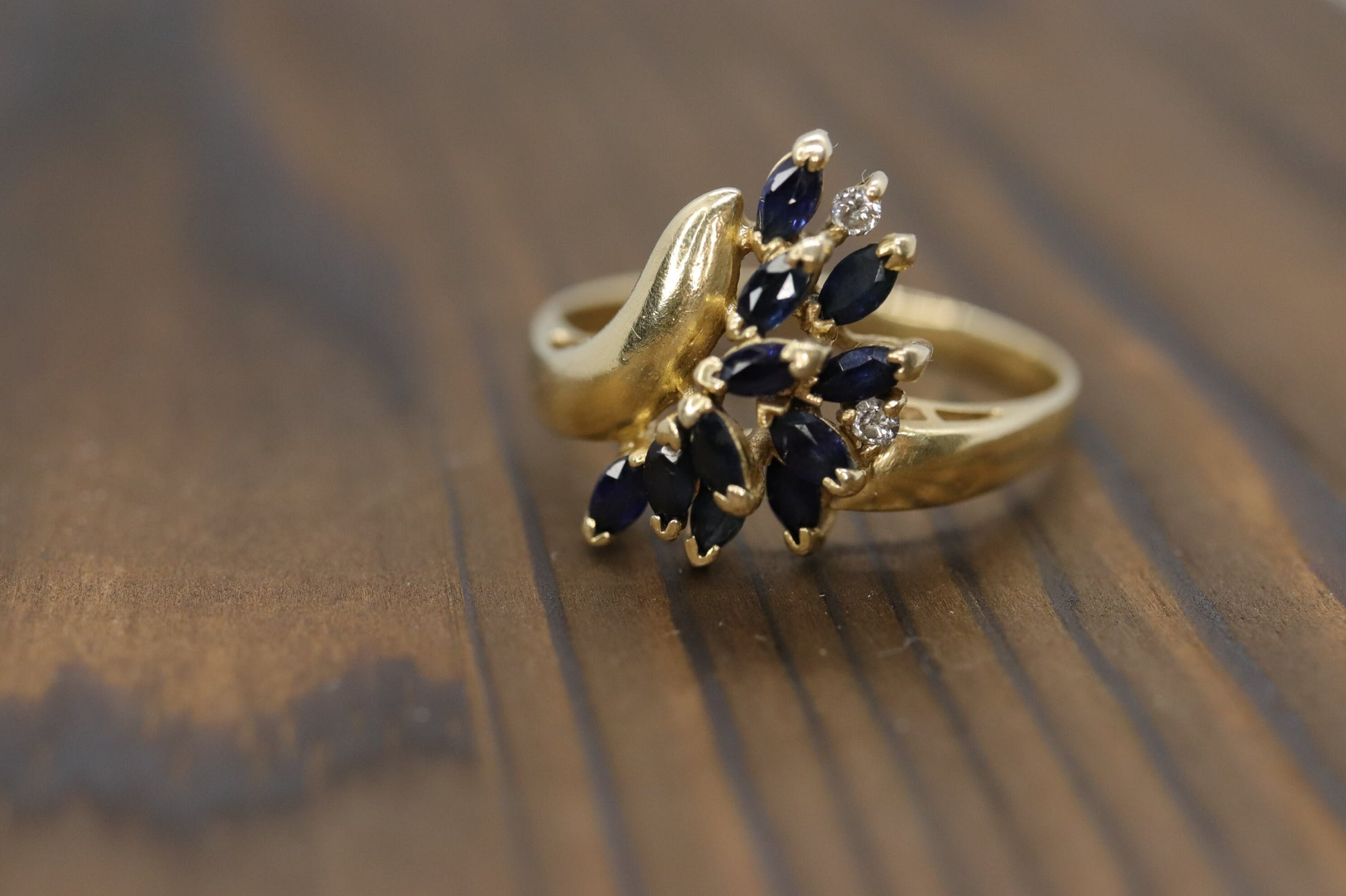 14k Sapphire Diamond Bypass ring. 14k Marquise Sapphire Flower Branch Vine cluster ring