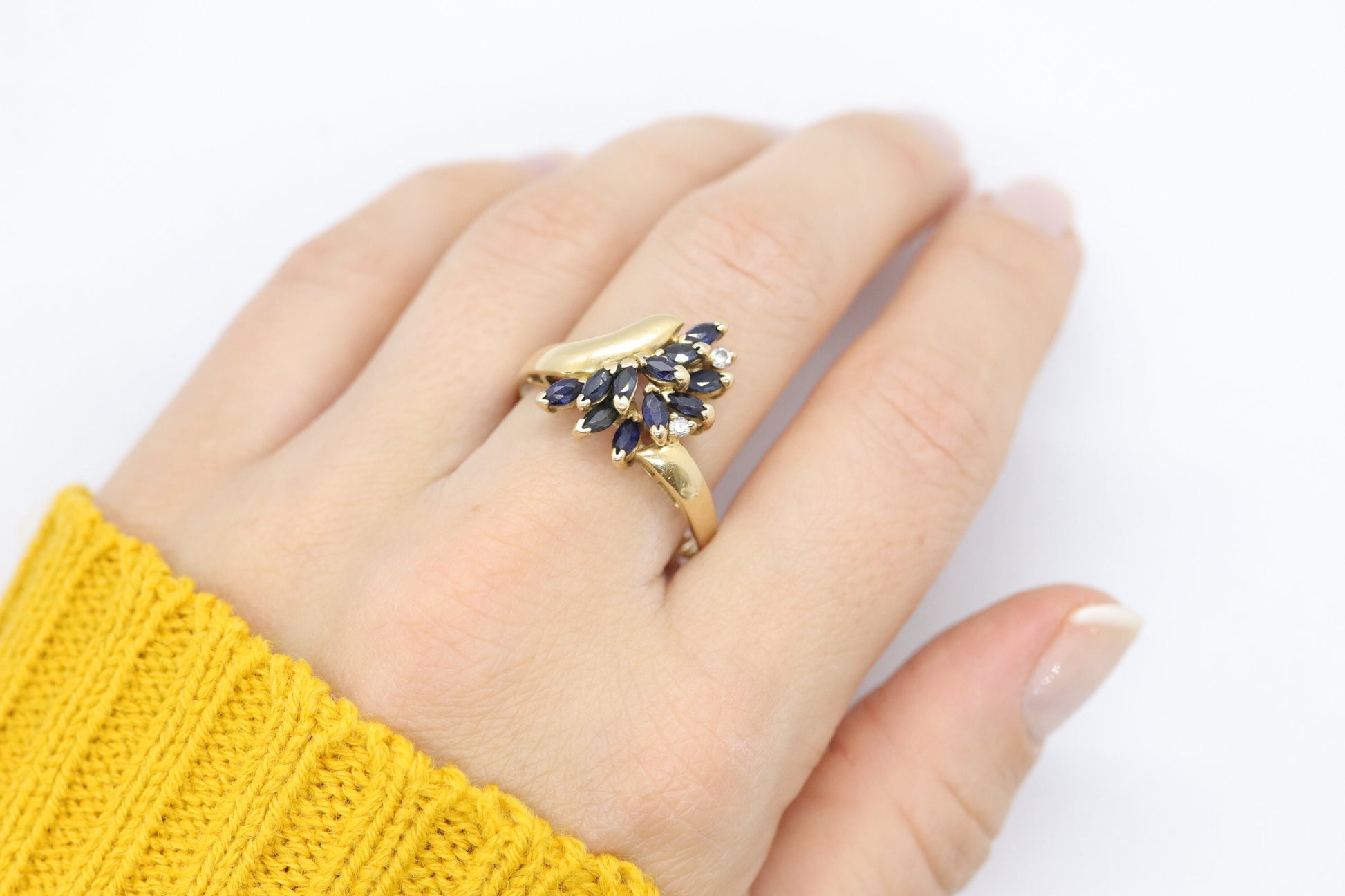 14k Sapphire Diamond Bypass ring. 14k Marquise Sapphire Flower Branch Vine cluster ring