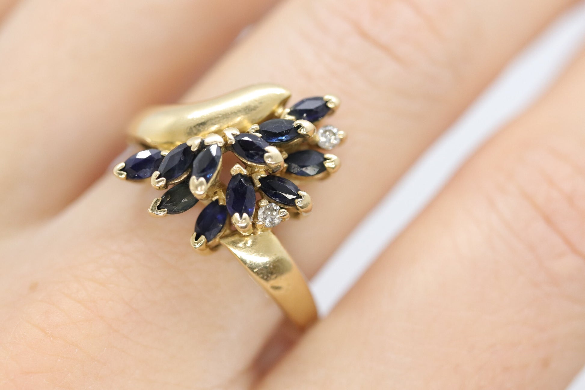 14k Sapphire Diamond Bypass ring. 14k Marquise Sapphire Flower Branch Vine cluster ring