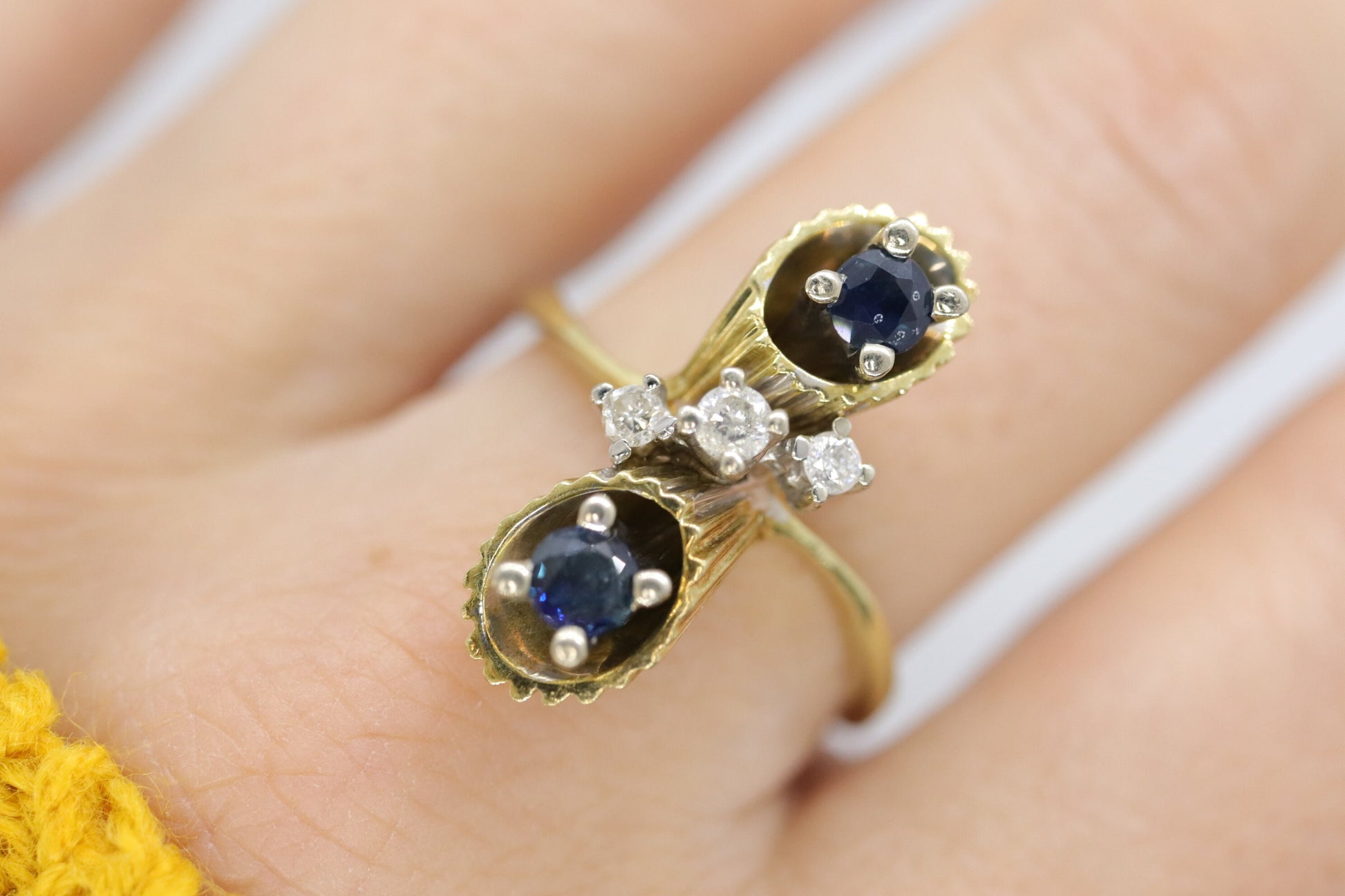 14k Sapphire Diamond Bypass ring. 14k Sapphire Flower Cones Vine cluster ring