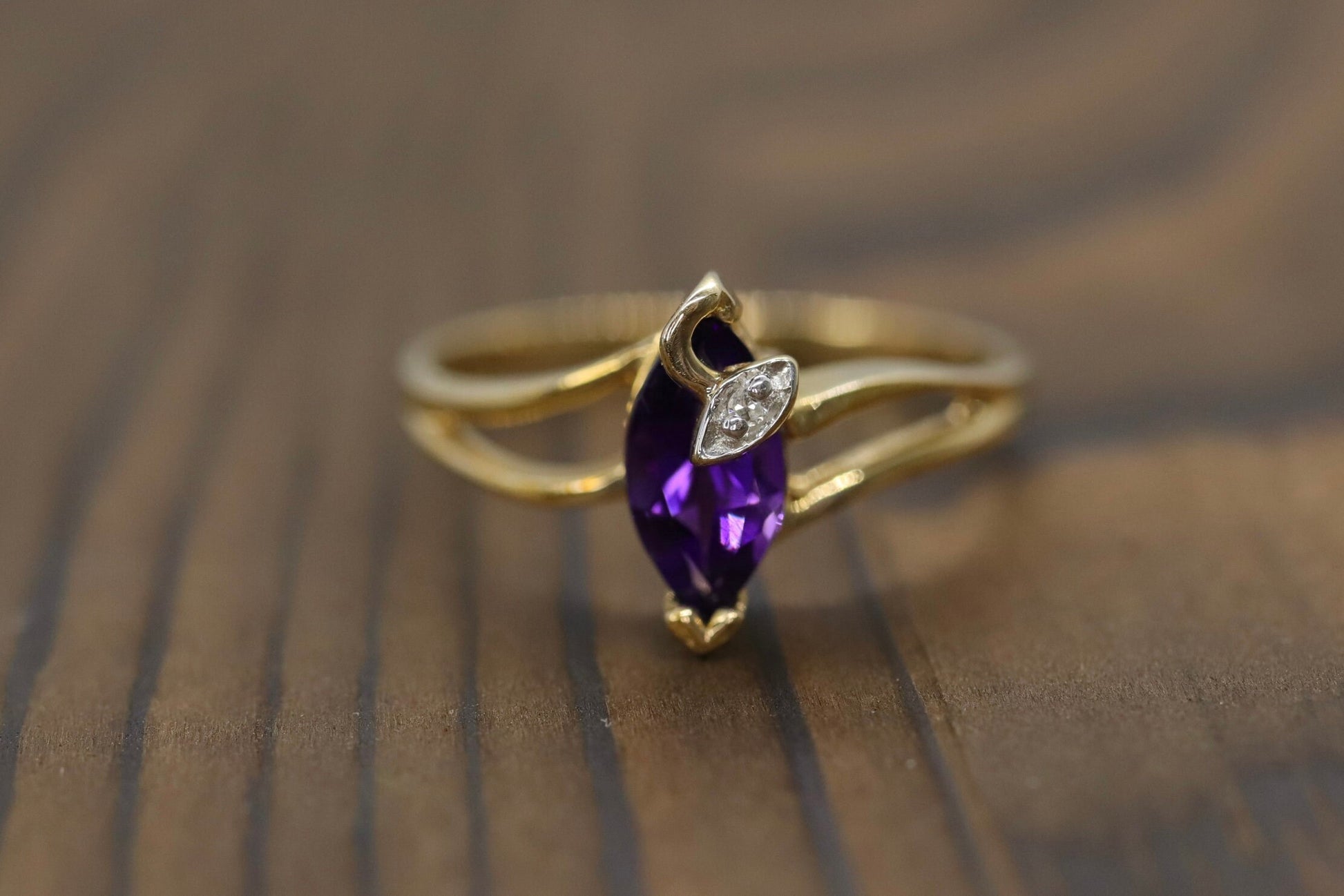 Marquise Amethyst 10k Gold ring. Amethyst and diamond Ring.