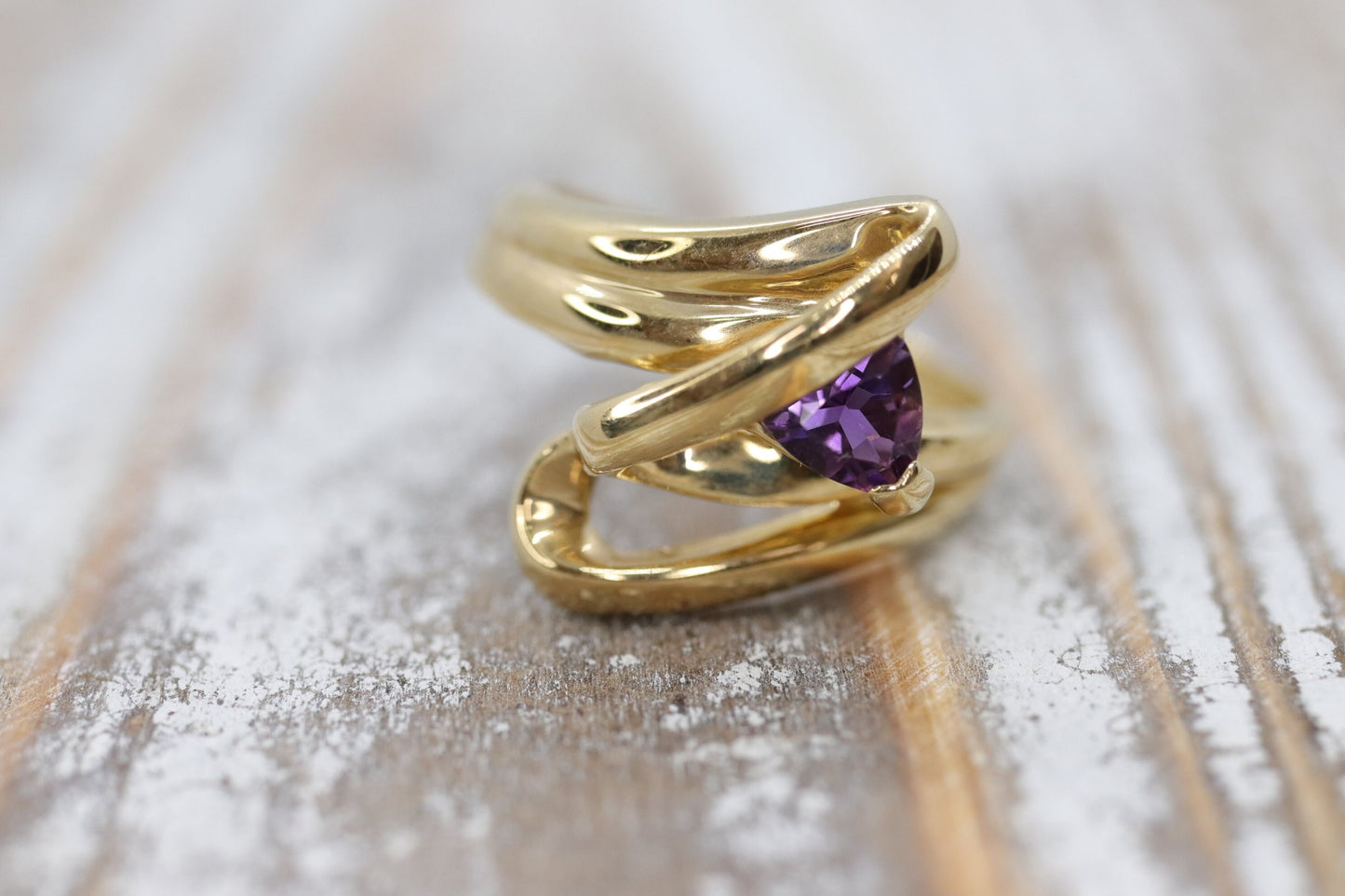 Trilliant Amethyst 10k Gold ring. 10k Triangular Amethyst in a Bypass Ring.