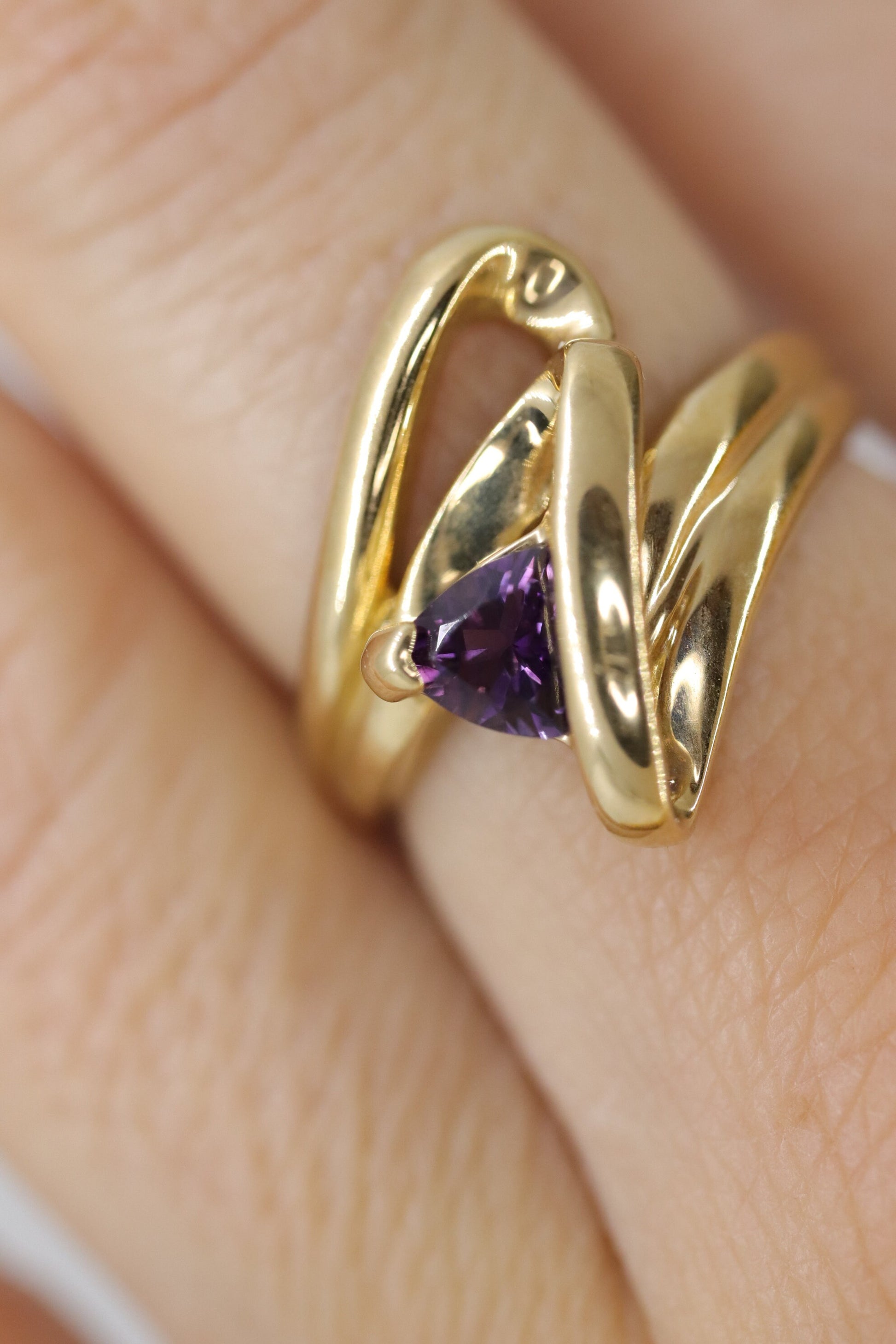 Trilliant Amethyst 10k Gold ring. 10k Triangular Amethyst in a Bypass Ring.