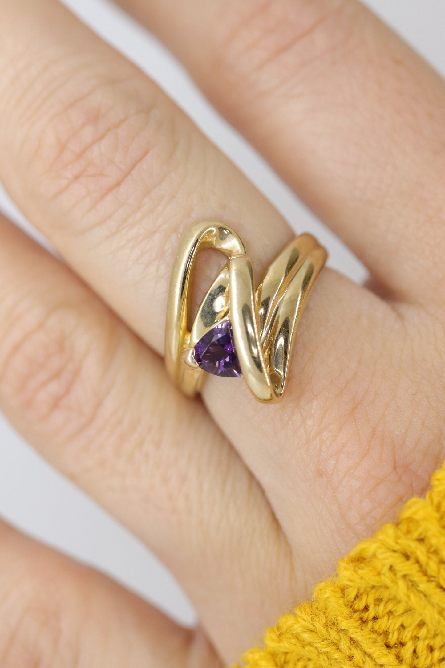 Trilliant Amethyst 10k Gold ring. 10k Triangular Amethyst in a Bypass Ring.