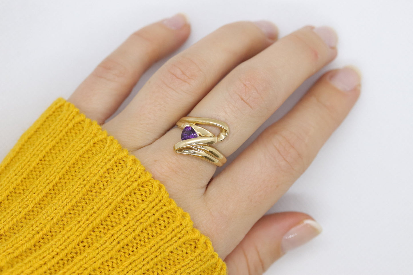 Trilliant Amethyst 10k Gold ring. 10k Triangular Amethyst in a Bypass Ring.