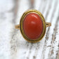 18k Large Oval Orange CORAL ring. 18k Coral Cabochon bezel set statement ring