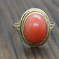 18k Large Oval Orange CORAL ring. 18k Coral Cabochon bezel set statement ring