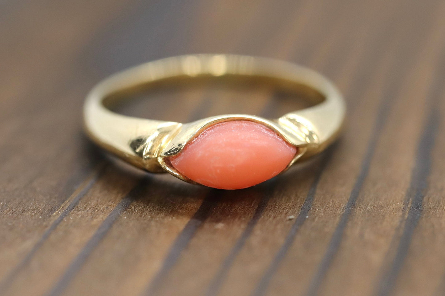 14k Coral Pink Cabochon ring. Thin Peach coral band.