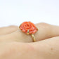 14k Coral Carved Pink Cabochon ring. 14k CARVED Rose flower Peach Coral solitaire.