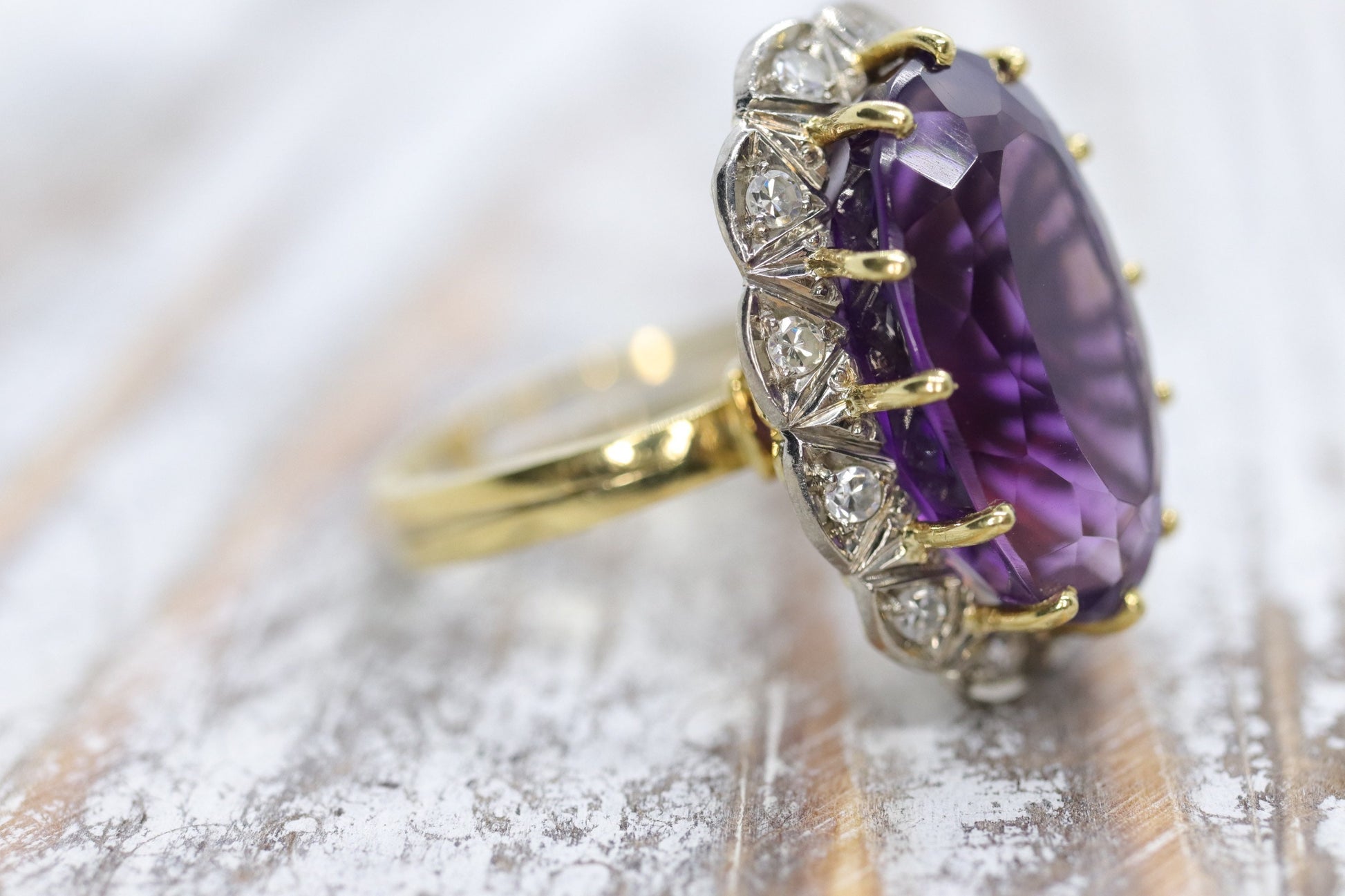 Vintage 1940s Large Amethyst and Diamond Handmade 18k Yellow White Gold Ring sz 6.5, Engagement ring, cocktail ring, February Amethyst