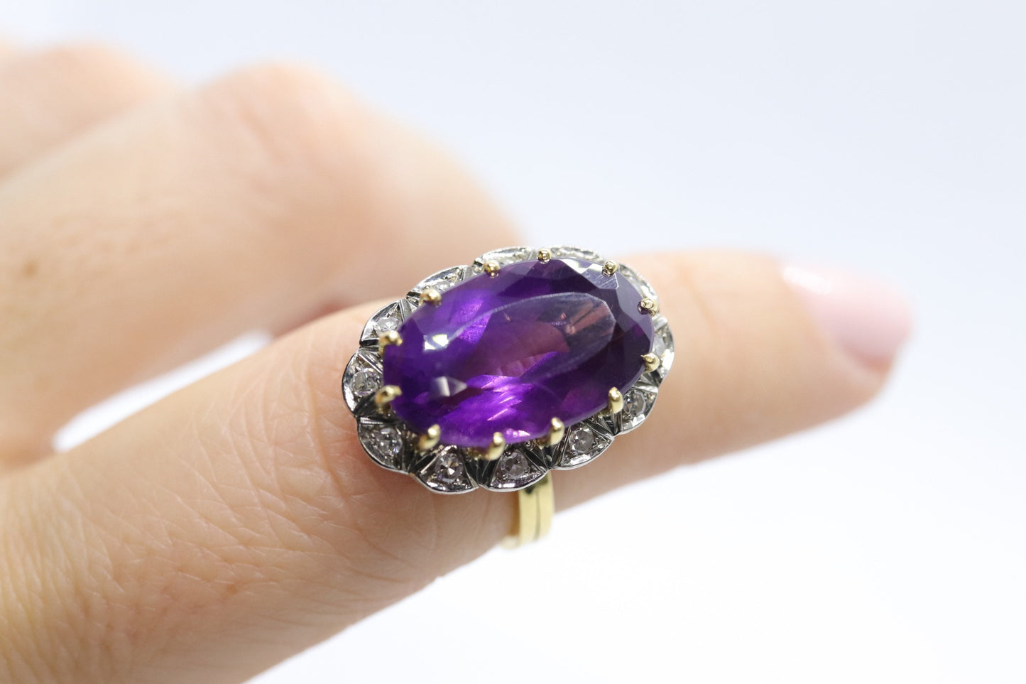 Vintage 1940s Large Amethyst and Diamond Handmade 18k Yellow White Gold Ring sz 6.5, Engagement ring, cocktail ring, February Amethyst