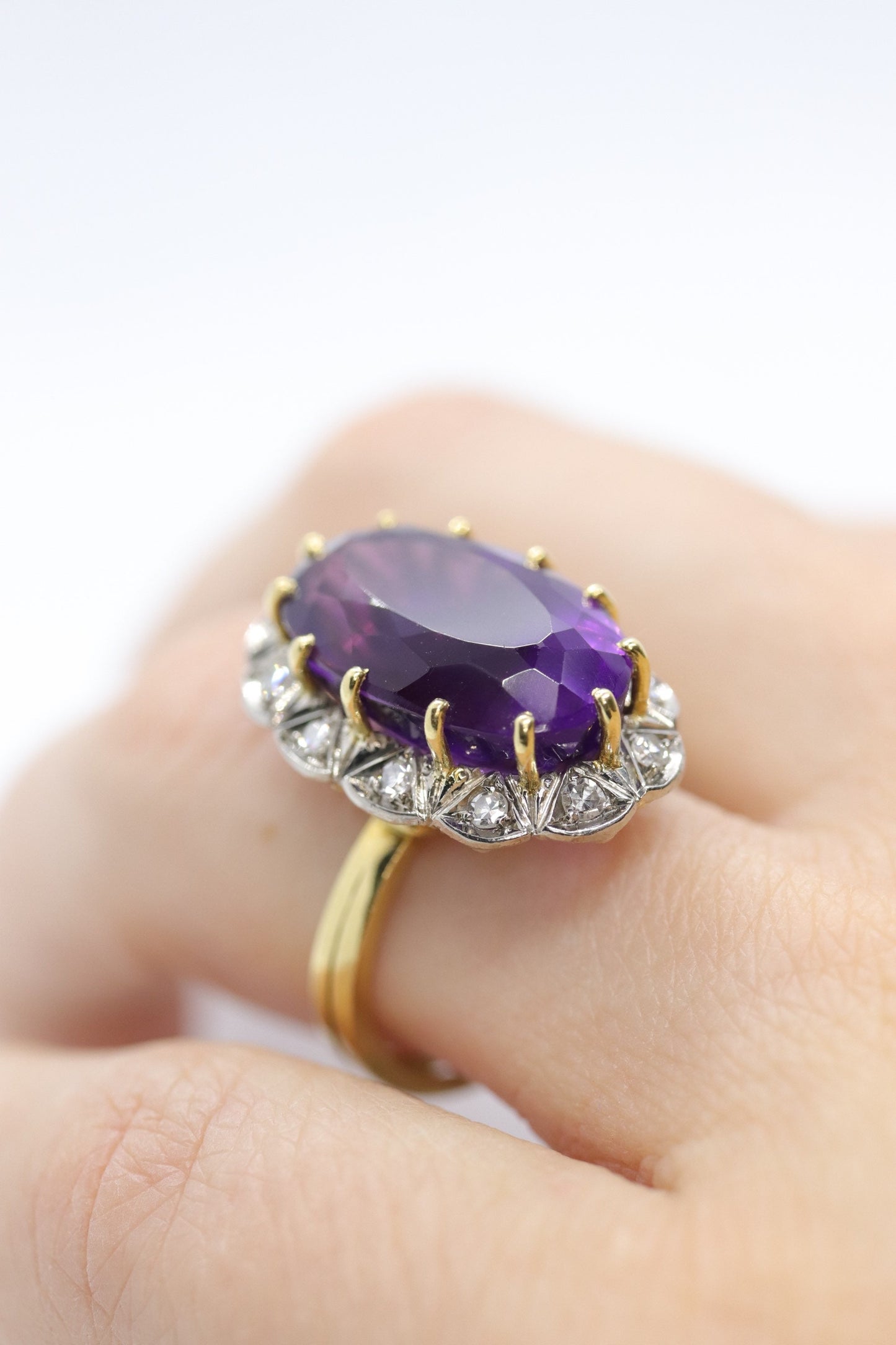 Vintage 1940s Large Amethyst and Diamond Handmade 18k Yellow White Gold Ring sz 6.5, Engagement ring, cocktail ring, February Amethyst